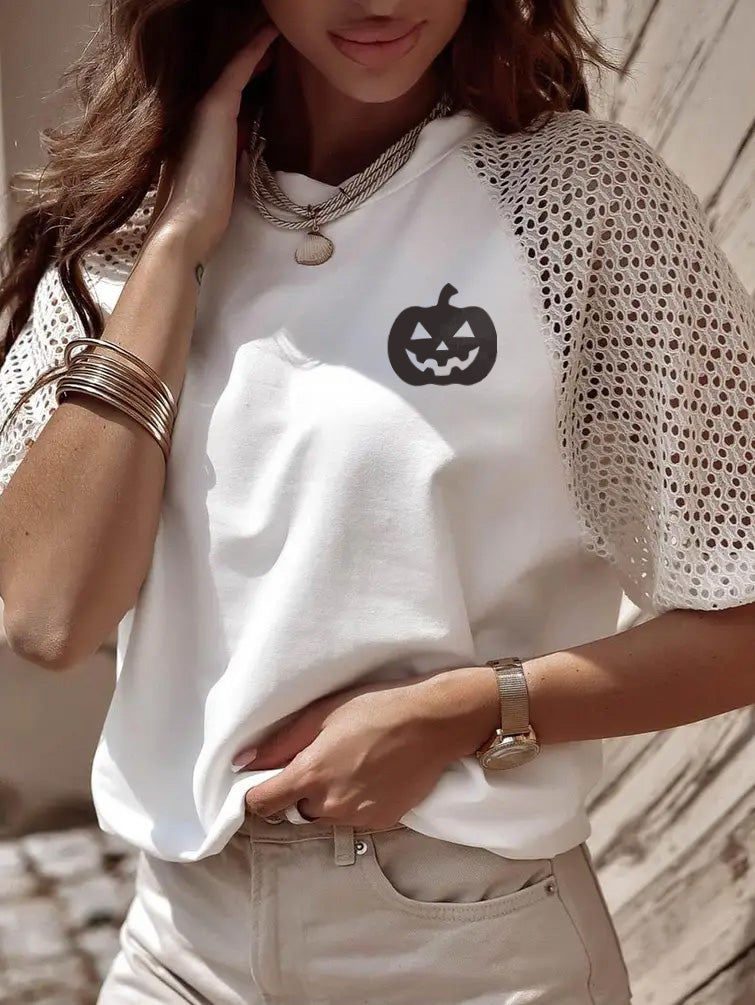 Halloween Pumpkin Graphic Crochet Sleeve White Tee