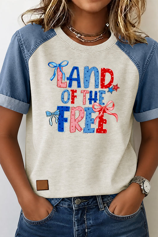 Letter Print Denim Patchwork Tee Casual