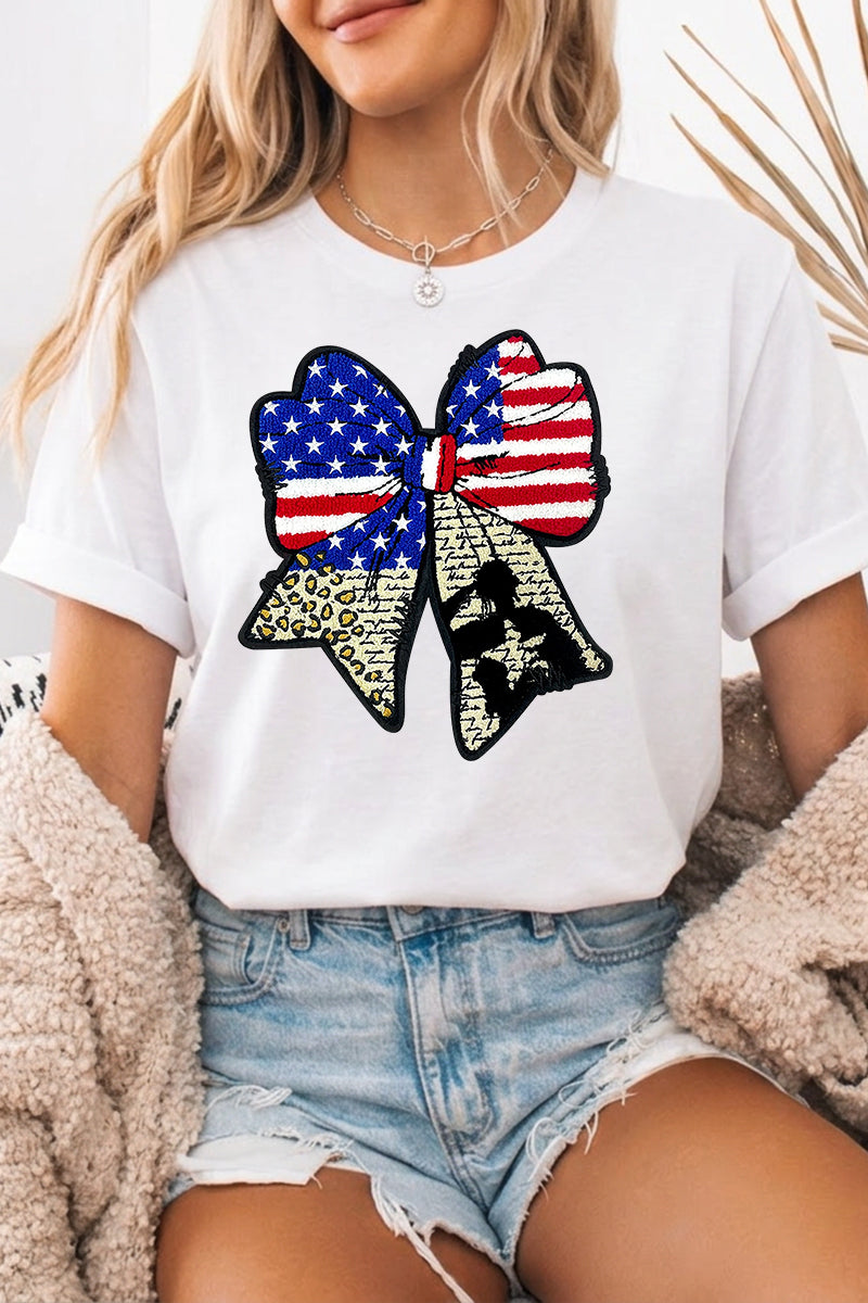 July 4th USA Flag Bow Graphic T Shirt Women