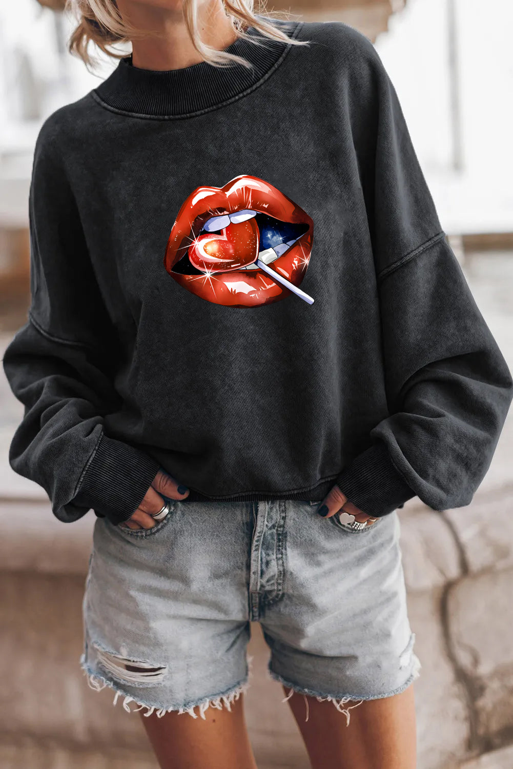 Valentine’s Day Red Lips Heart Lollipop Graphic Sweatshirt