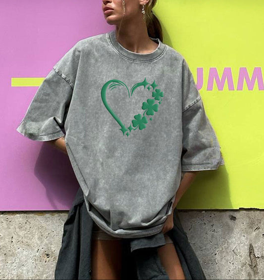 St Patricks Day Shamrock Heart Vintage Wash Tee(Puff Print)