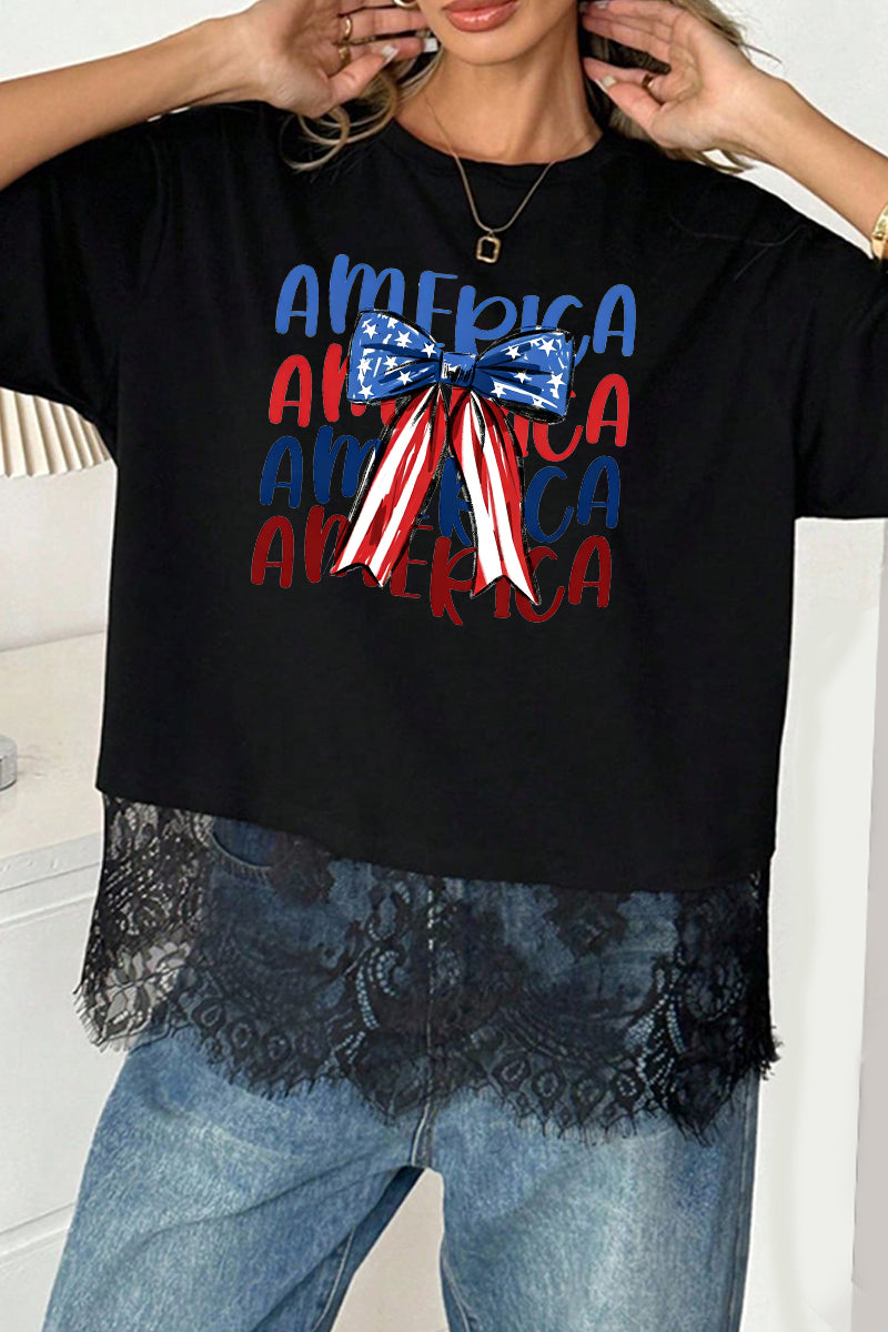 Patriotic Polyester Tee USA Bow 4th July Holiday Top