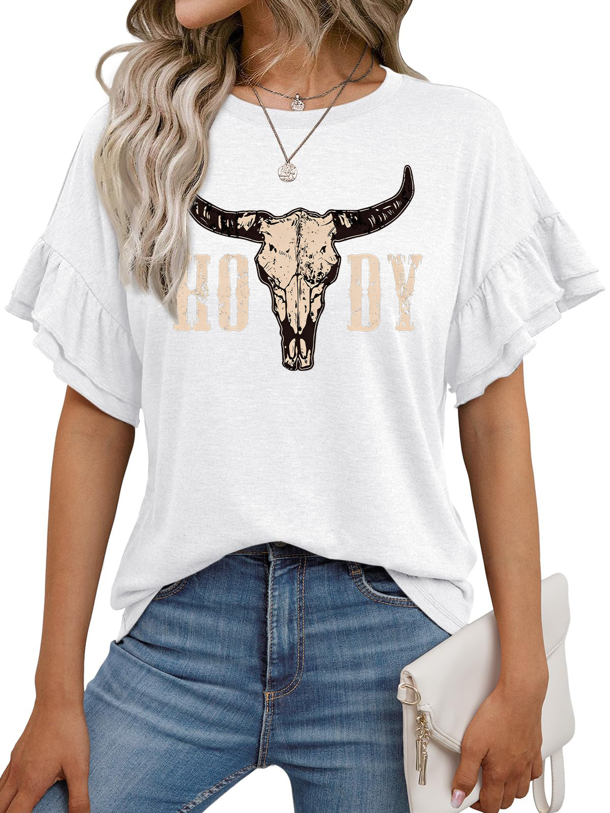 Howdy Cow Skull Graphic Ruffle Sleeve Western Tee