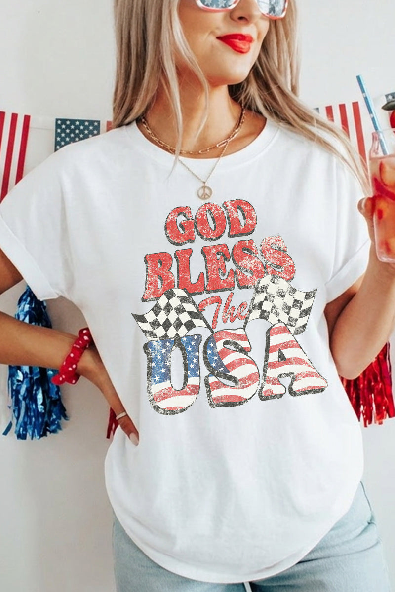Women 4th of July USA God Bless Graphic T Shirt
