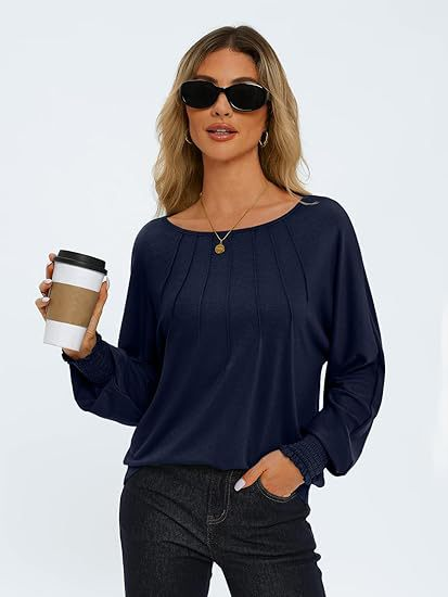 Women's Pleated Crew Neck Lantern Sleeve Oversized Pullover