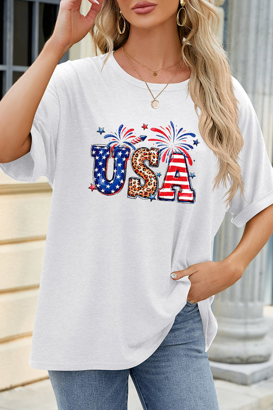 USA Sequin Graphic Tee Patriotic Firework Summer