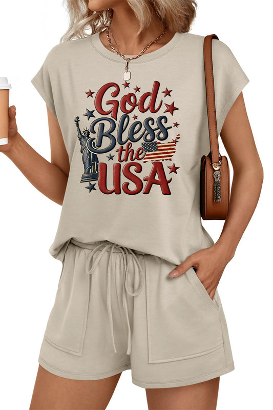 God Bless USA Graphic Tee and Shorts Set Fourth of July Casual Outfit