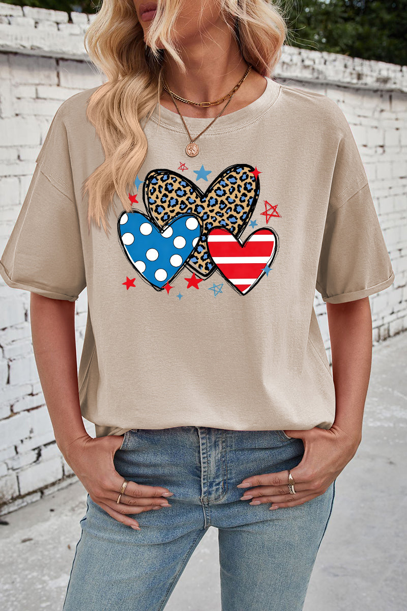 Patriotic Cotton Graphic Tee Oversized Heart Star Top