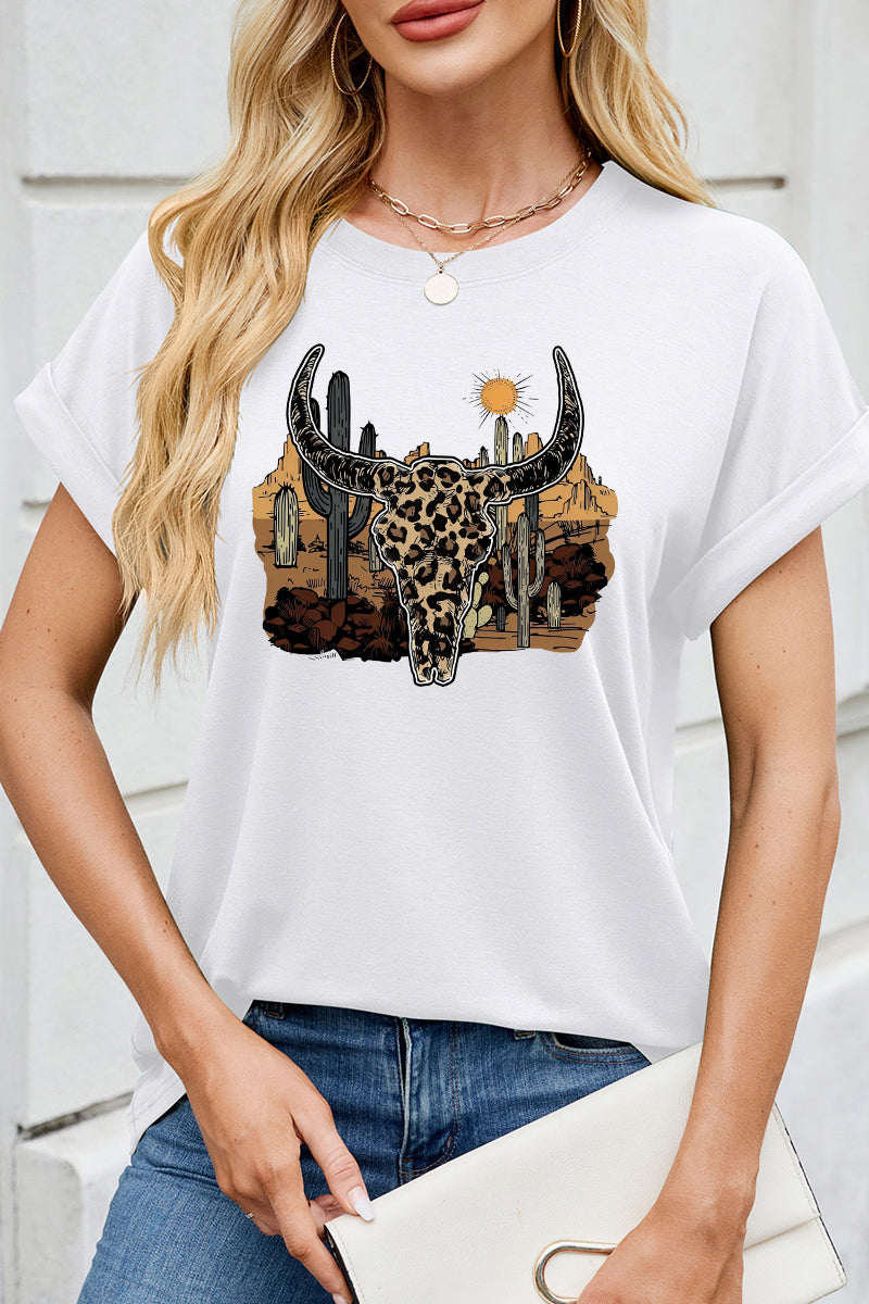 Leopard Bull Skull Graphic Tee Western Cowgirl Shirt