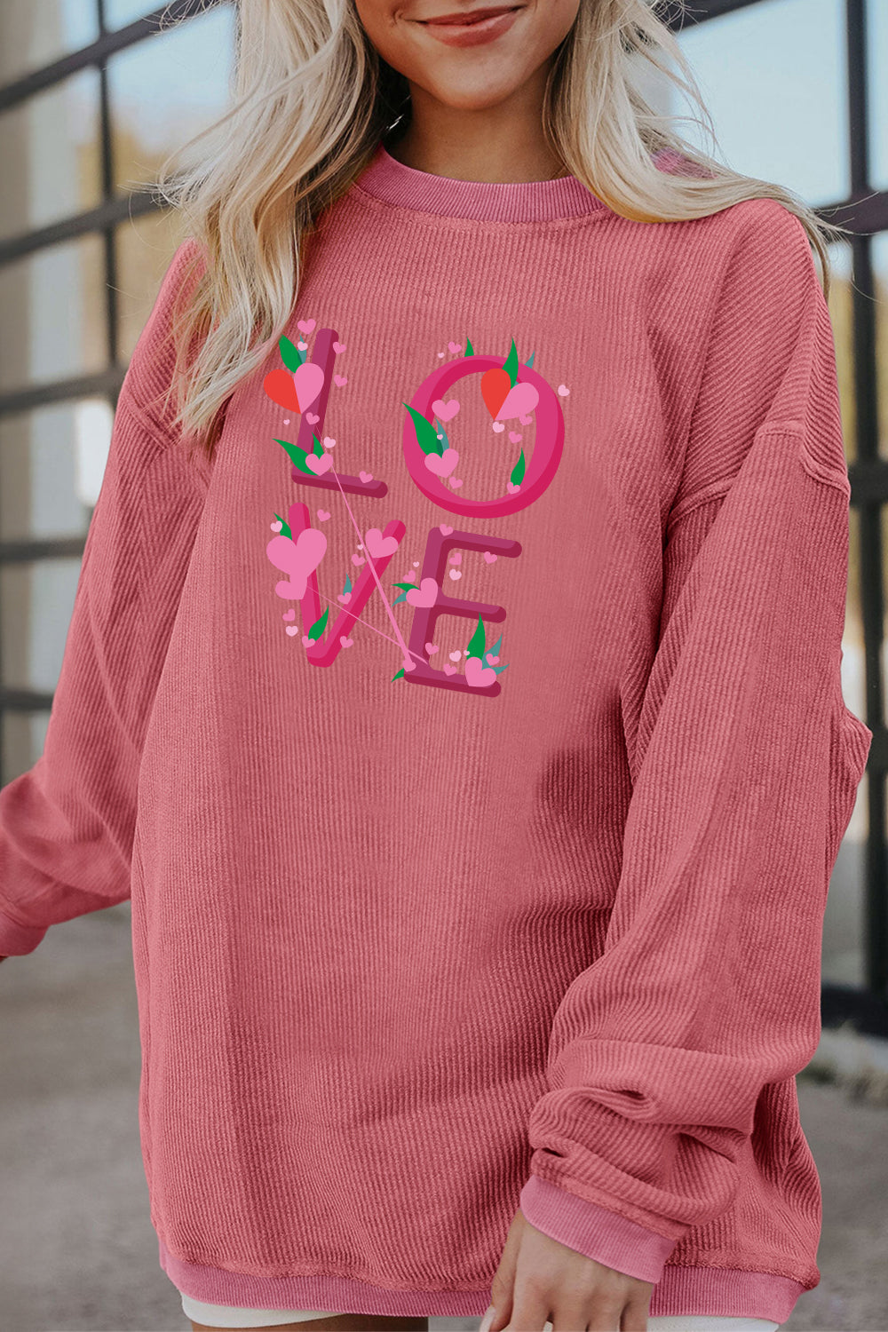 Love Heart Print Ribbed Corduroy Oversized Valentine's Sweatshirt