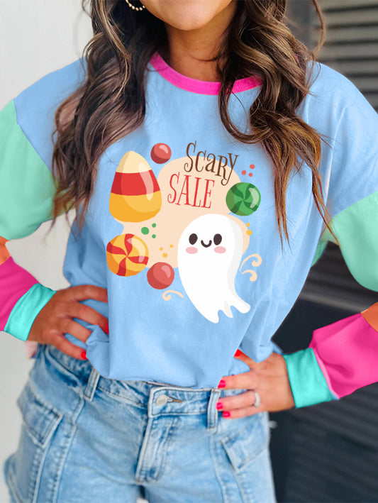 Color Block Ghost Candy Halloween Graphic Long Sleeve Tee