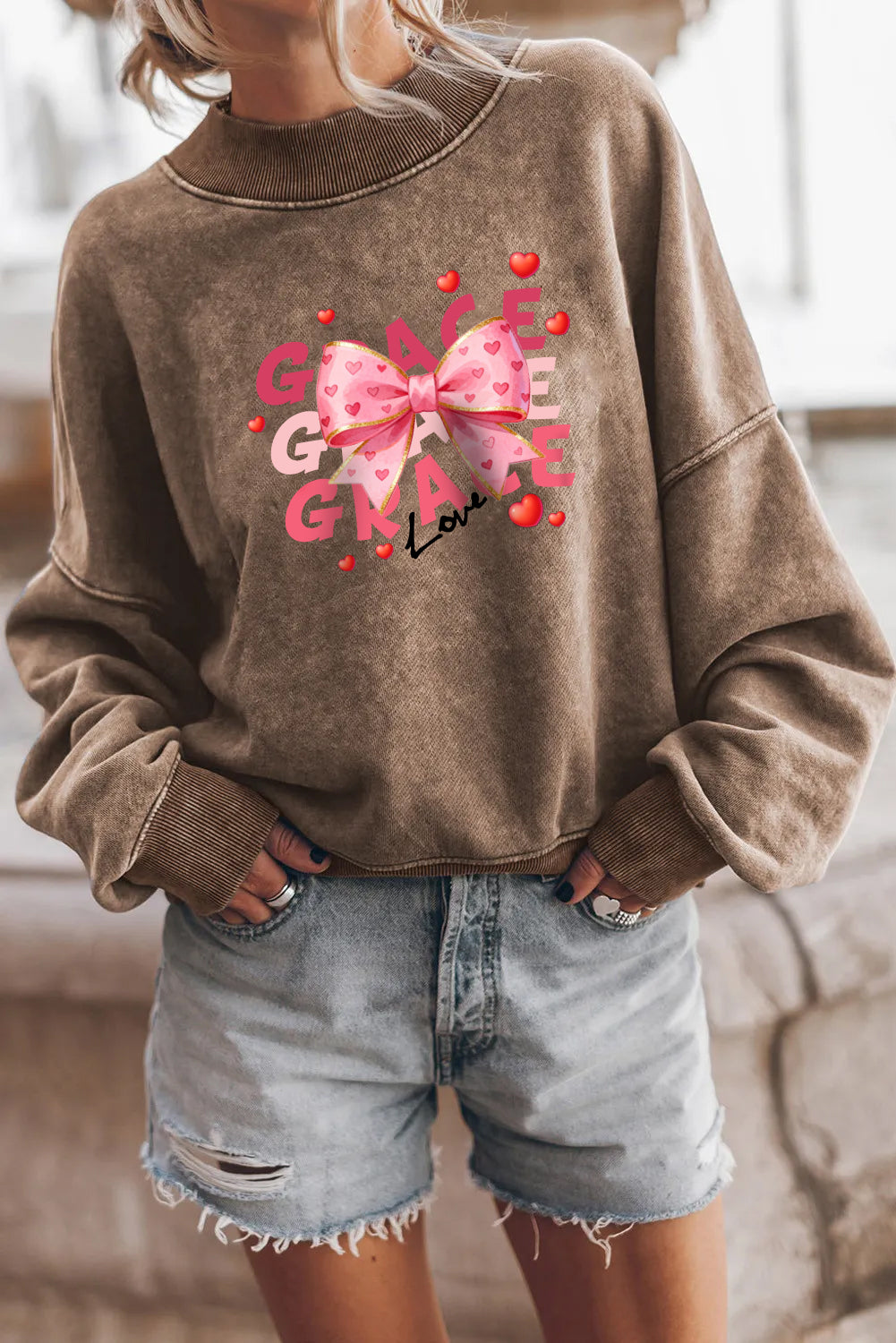 Valentine’s Day Pink Bow Heart Graphic Vintage Sweatshirt