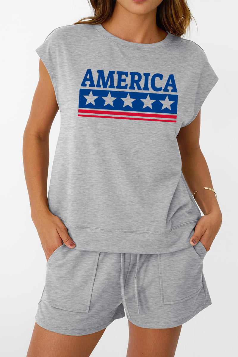 America Stars Stripes Tee Shorts Set Patriotic Summer Outfit