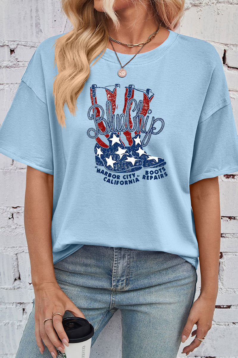 Blue Chip Boots Print Rayon Tee Oversized Patriotic Top