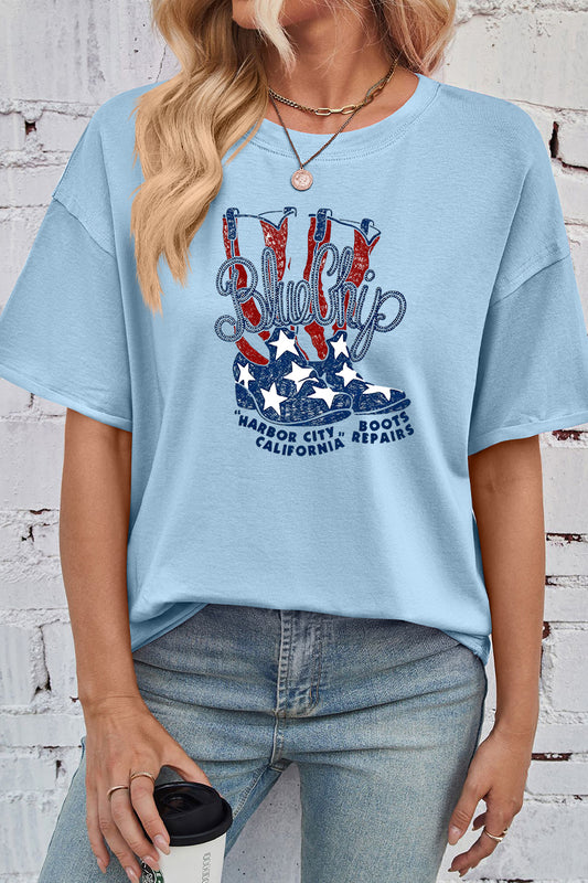 Blue Chip Boots Print Rayon Tee Oversized Patriotic Top