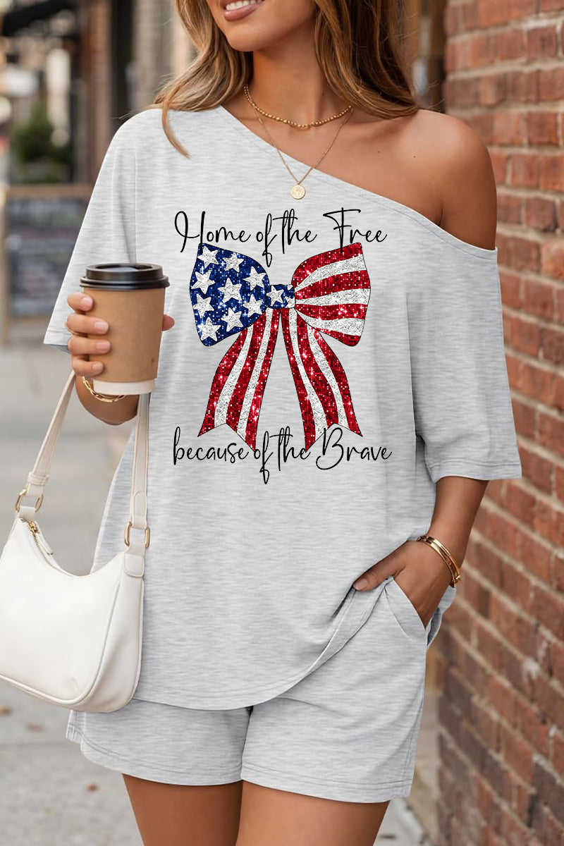Patriotic Bow Graphic Off Shoulder Shorts Set Women