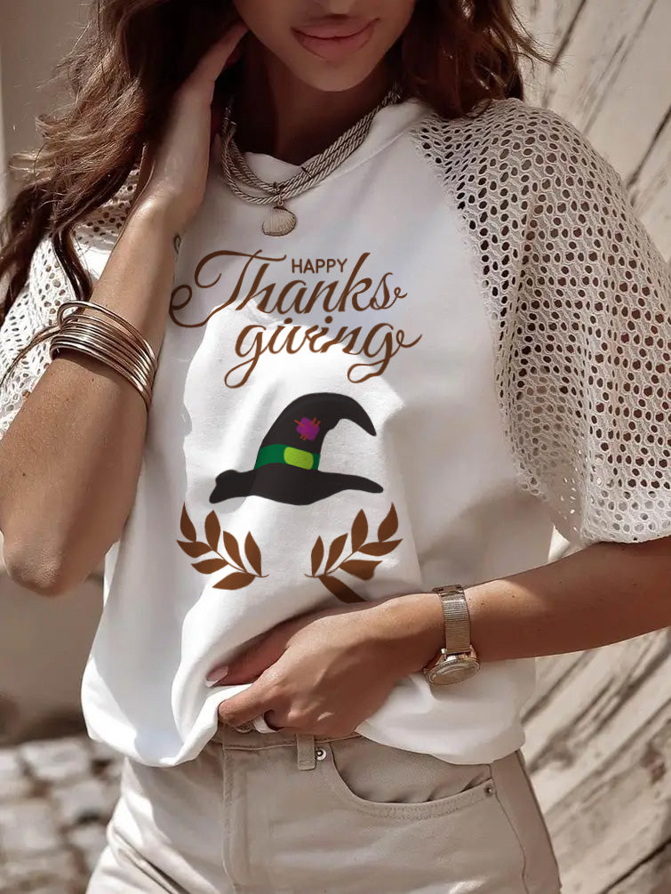 Thanksgiving Happy Holiday Graphic Crochet Sleeve T Shirt