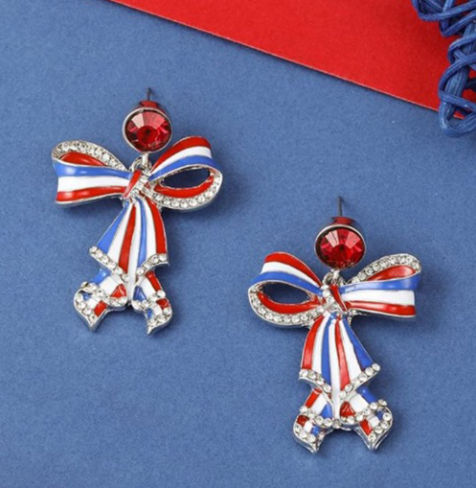 Sky Blue American Flag Bow Knot Stud Dangle Earrings