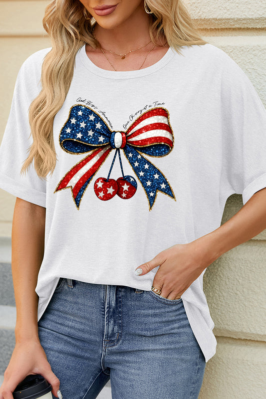 Independence Day Bow Cherry Graphic Casual Summer Tee