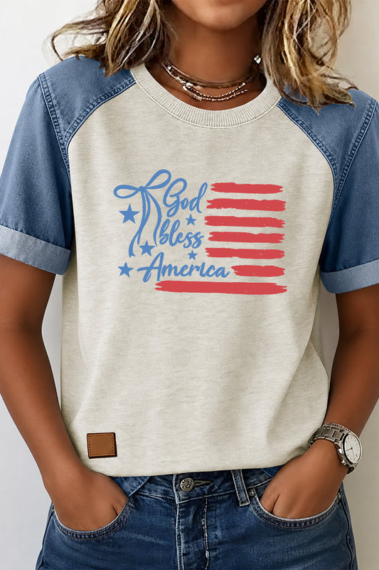 Letter Flag Denim Patchwork Tee Casual