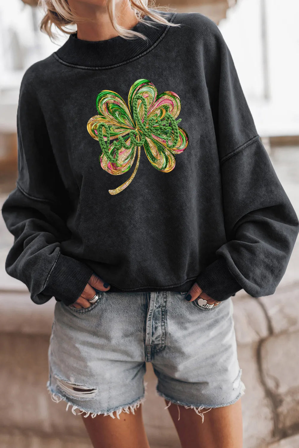 Saint Patrick's Day Glitter Shamrock Graphic Sweatshirt（Not Embroidery）