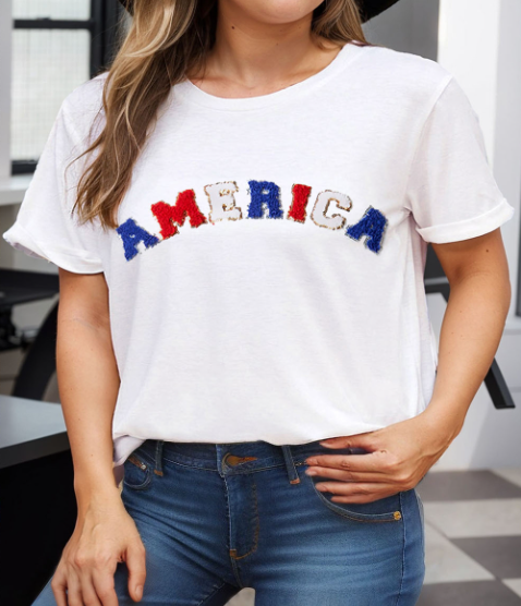 White AMERICA Chenille Embroidered Plus Size T Shirt
