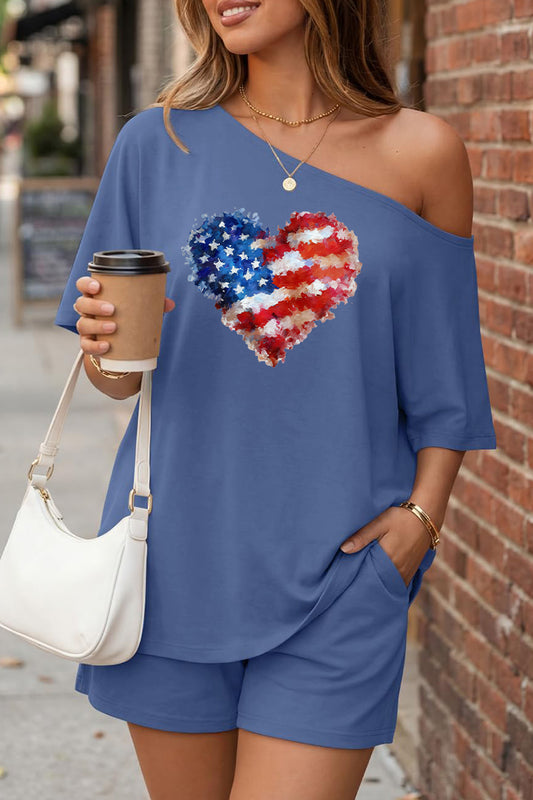 USA Heart Off Shoulder Short Sleeve Summer Top Set
