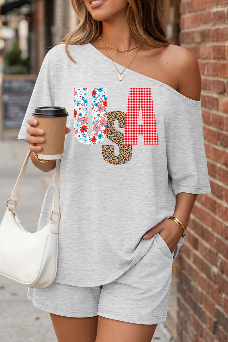 USA Graphic Off Shoulder Short Sleeve Summer Top Set