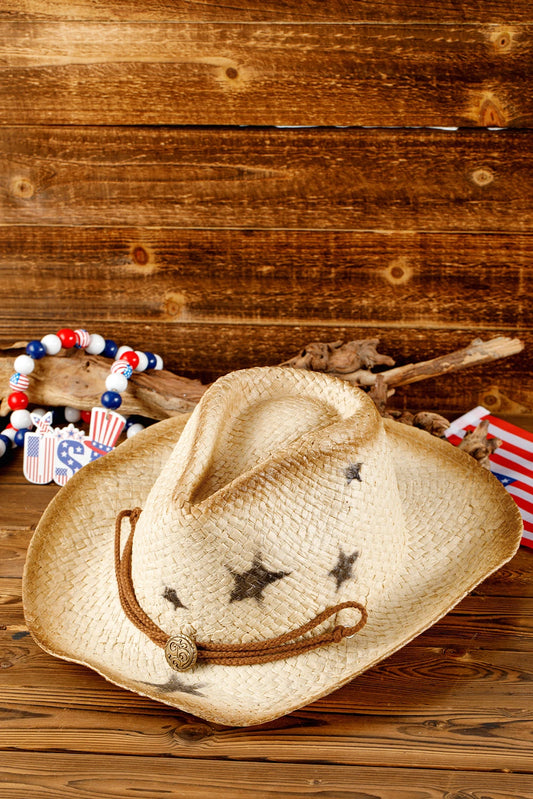 Khaki Vintage Star Shape Woven Wide Brim Buckle Hat