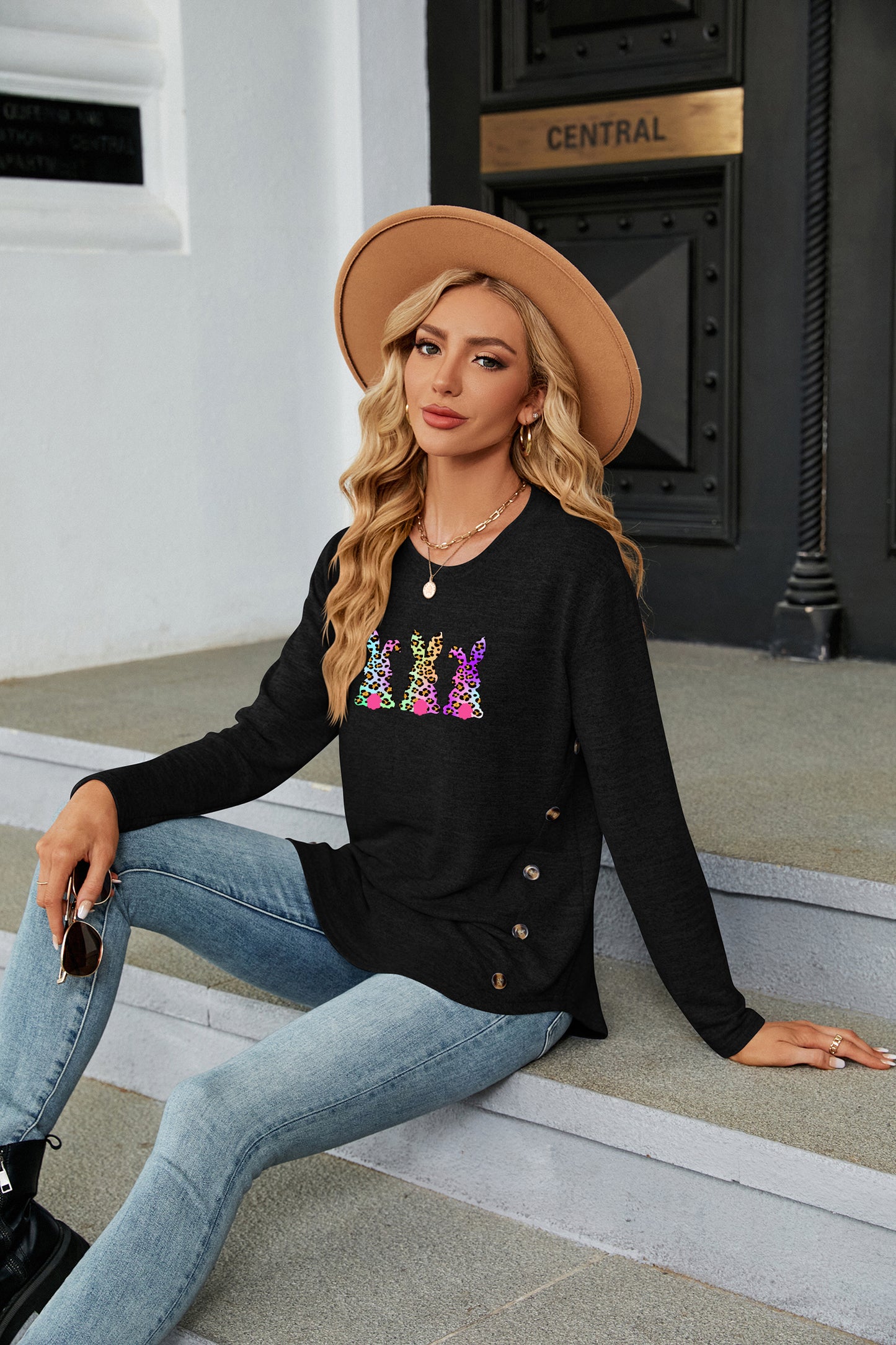 Easter Leopard Bow Graphic Western Long Sleeve Top