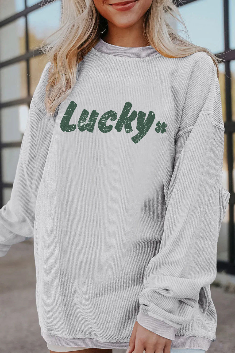 Saint Patrick’s Day Lucky Clover Graphic Corded Sweatshirt