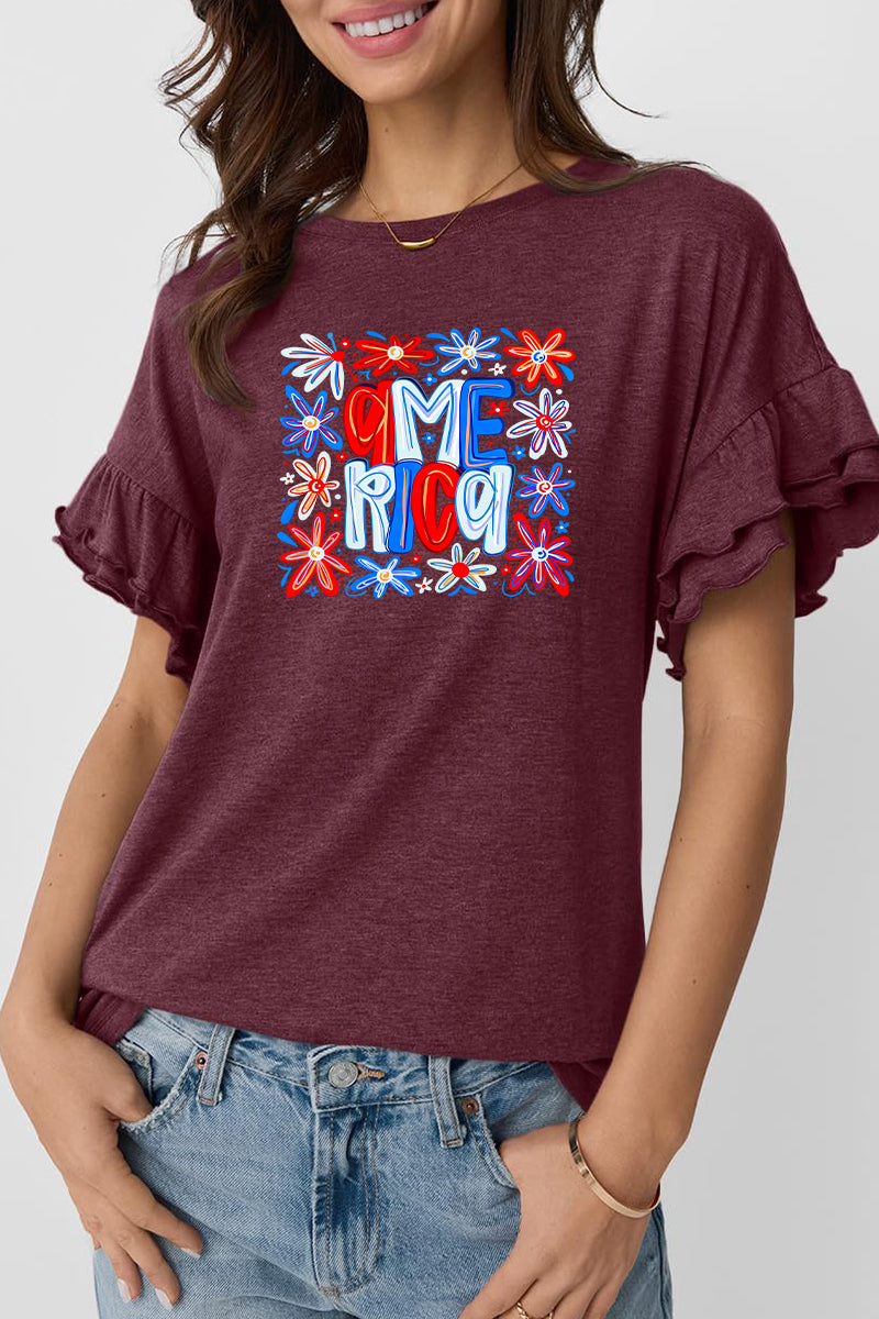 America Floral Graphic Tee Ruffle Sleeve Top