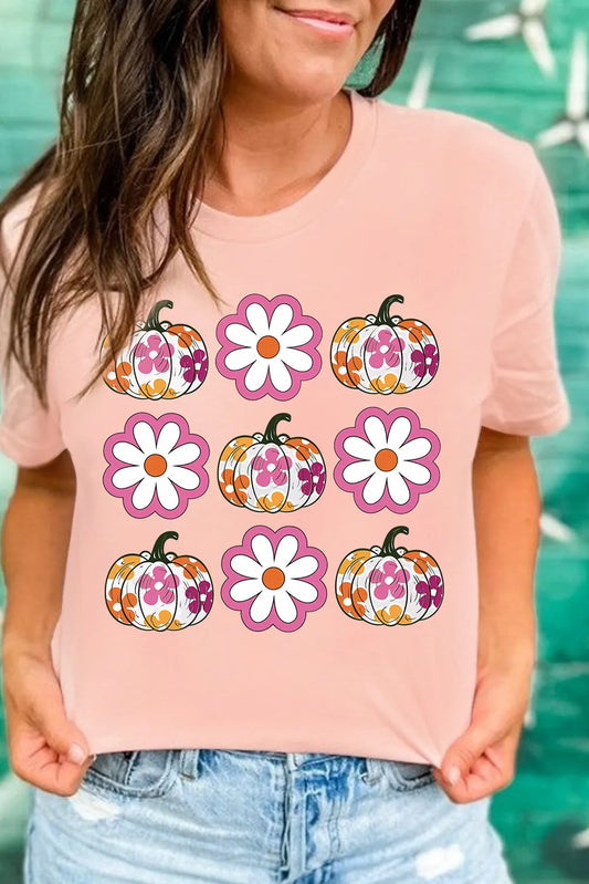 Pink Floral Pumpkin Thanksgiving Holiday Funny Graphic T Shirt
