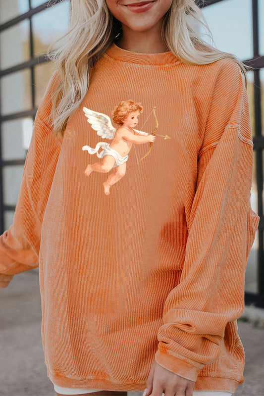 Cupid Angel Print Ribbed Corduroy Oversized Valentine's Sweatshirt