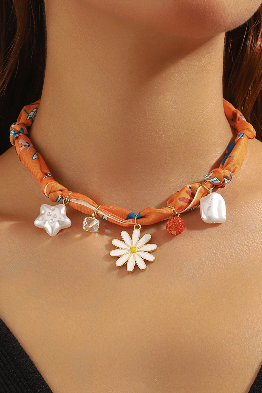 Orange Dragonfly Print Daisy Flower Pearl Crystal Decor Ribbon Necklace