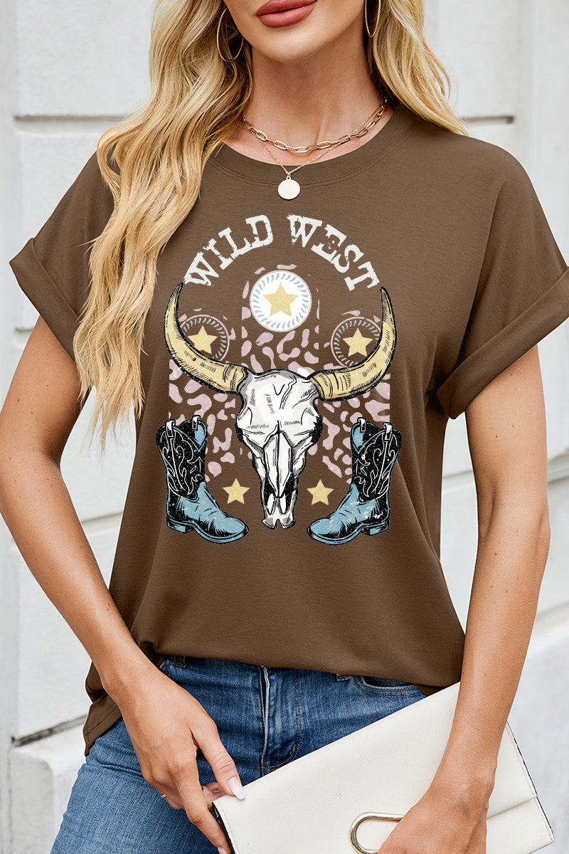 Wild West Graphic Tee Bull Skull Boots Cowgirl Shirt