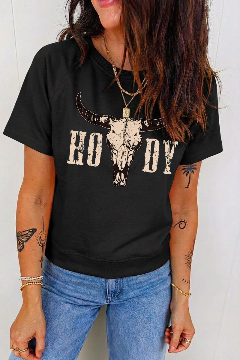Western Howdy Cow Skull Graphic Tee Vintage Cowboy Top