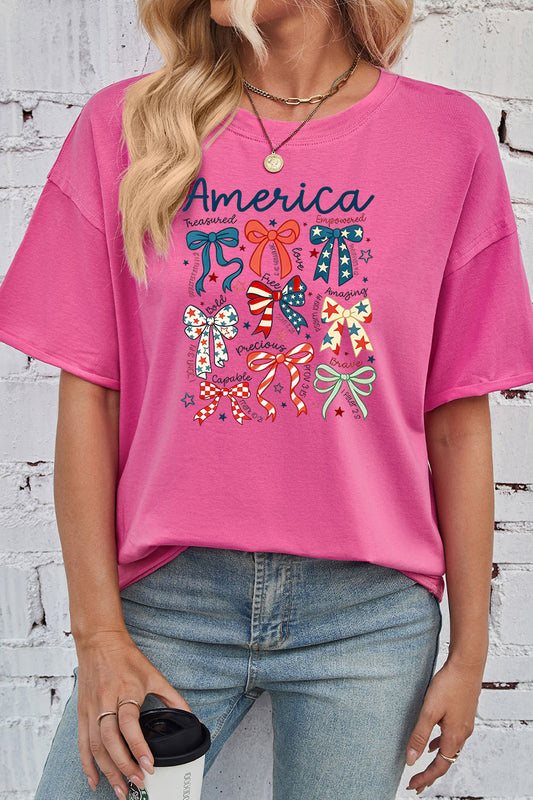 America Bow Print Rayon Tee Oversized Patriotic Top