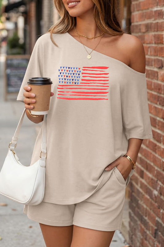 American Flag Off Shoulder Lounge Shorts Set Women