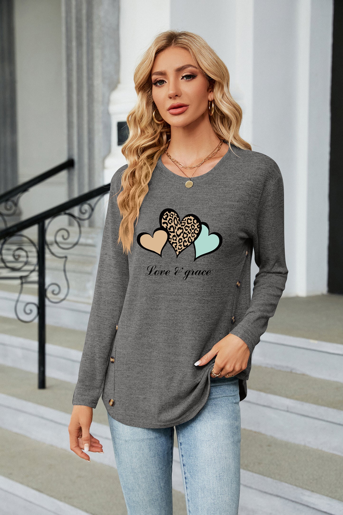 Valentine's Day Leopard Heart Graphic Everyday Long Sleeve