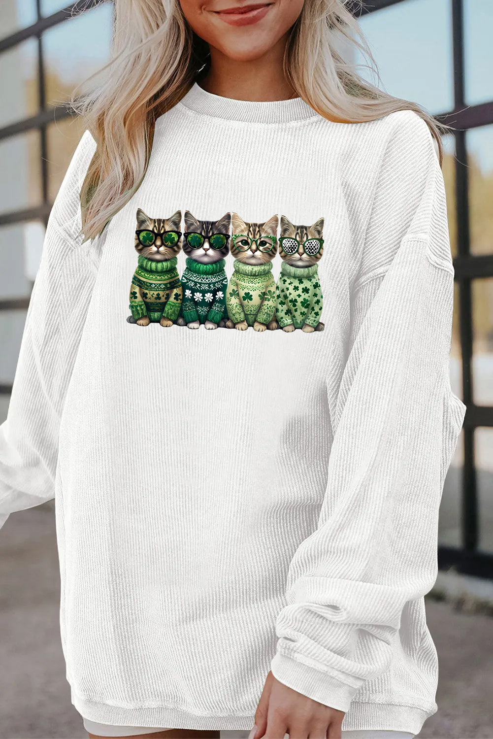 Saint Patrick’s Day Lucky Cats Graphic Corded Sweatshirt