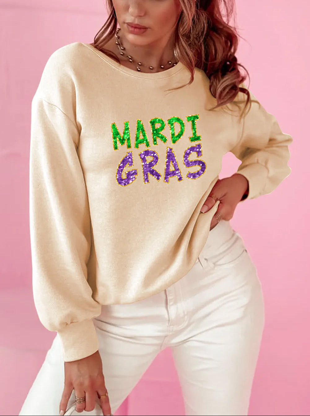 Mardi Gras Sequin Text Loose Fit Sweatshirt