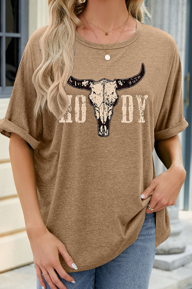 Howdy Cow Skull Graphic Tee Casual Western Loose Top