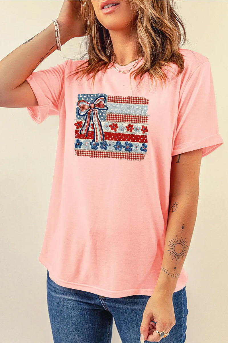 USA Bow Flag Graphic Tee Women Patriotic Summer Top