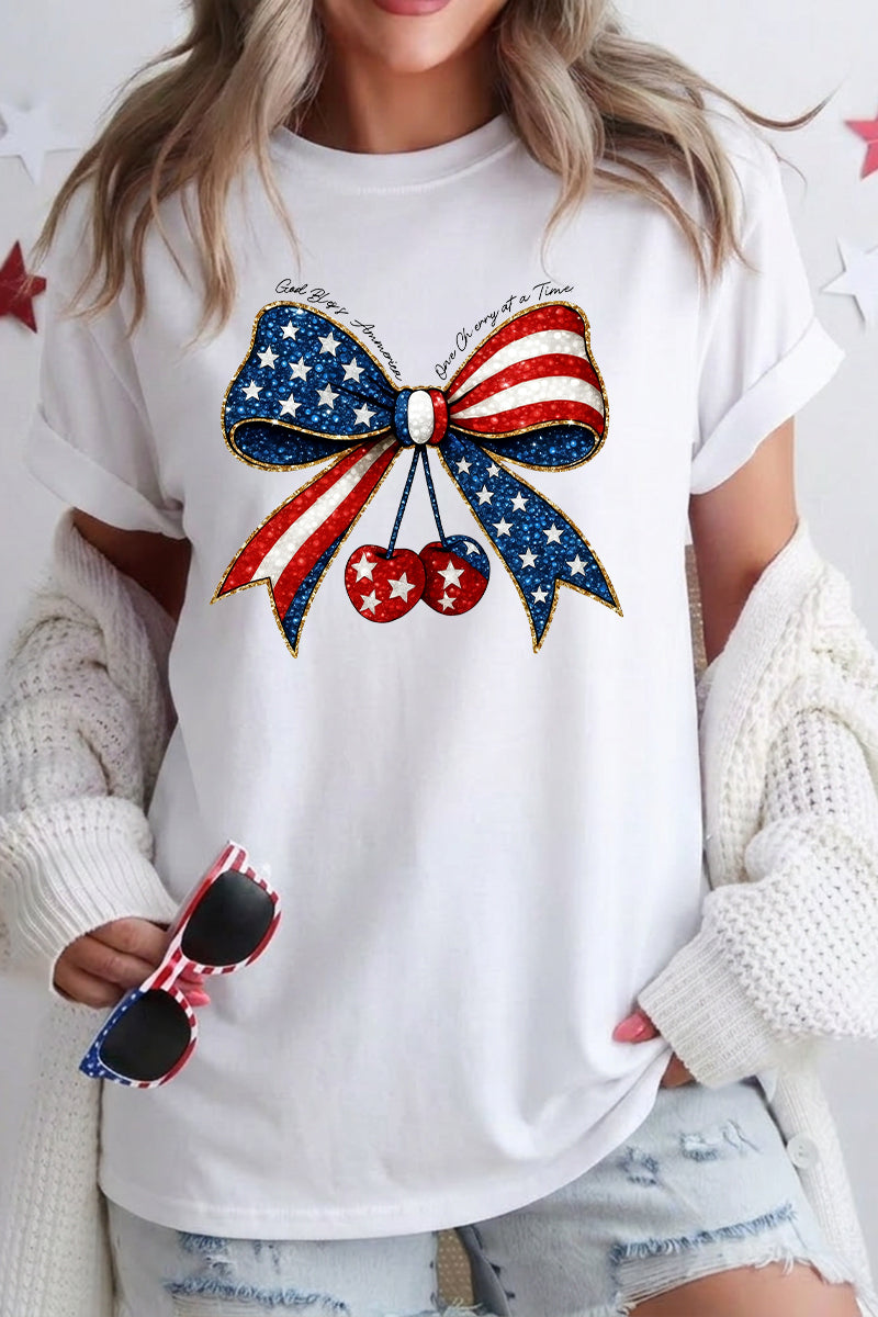 Women 4th of July Patriotic Bow Graphic T Shirt