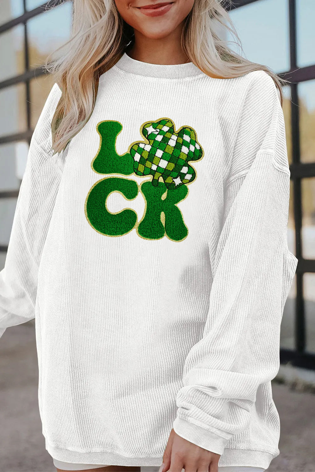 Saint Patrick’s Day LUCK Clover Graphic Corded Sweatshirt