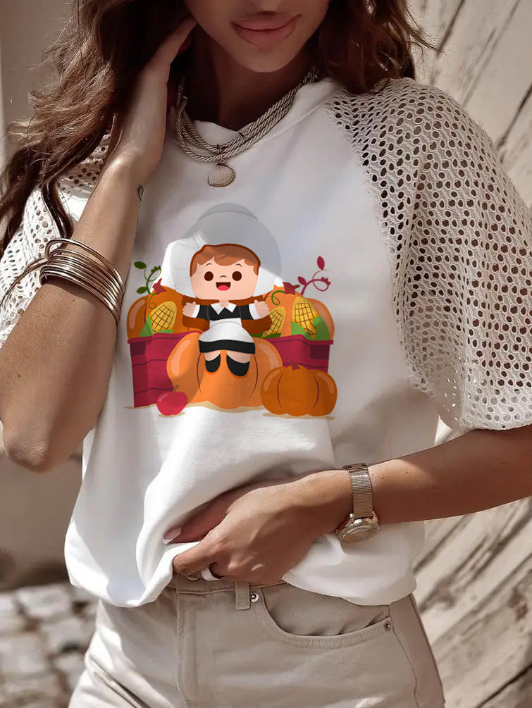 Thanksgiving Pilgrim Girl Pumpkin Harvest Graphic Tee