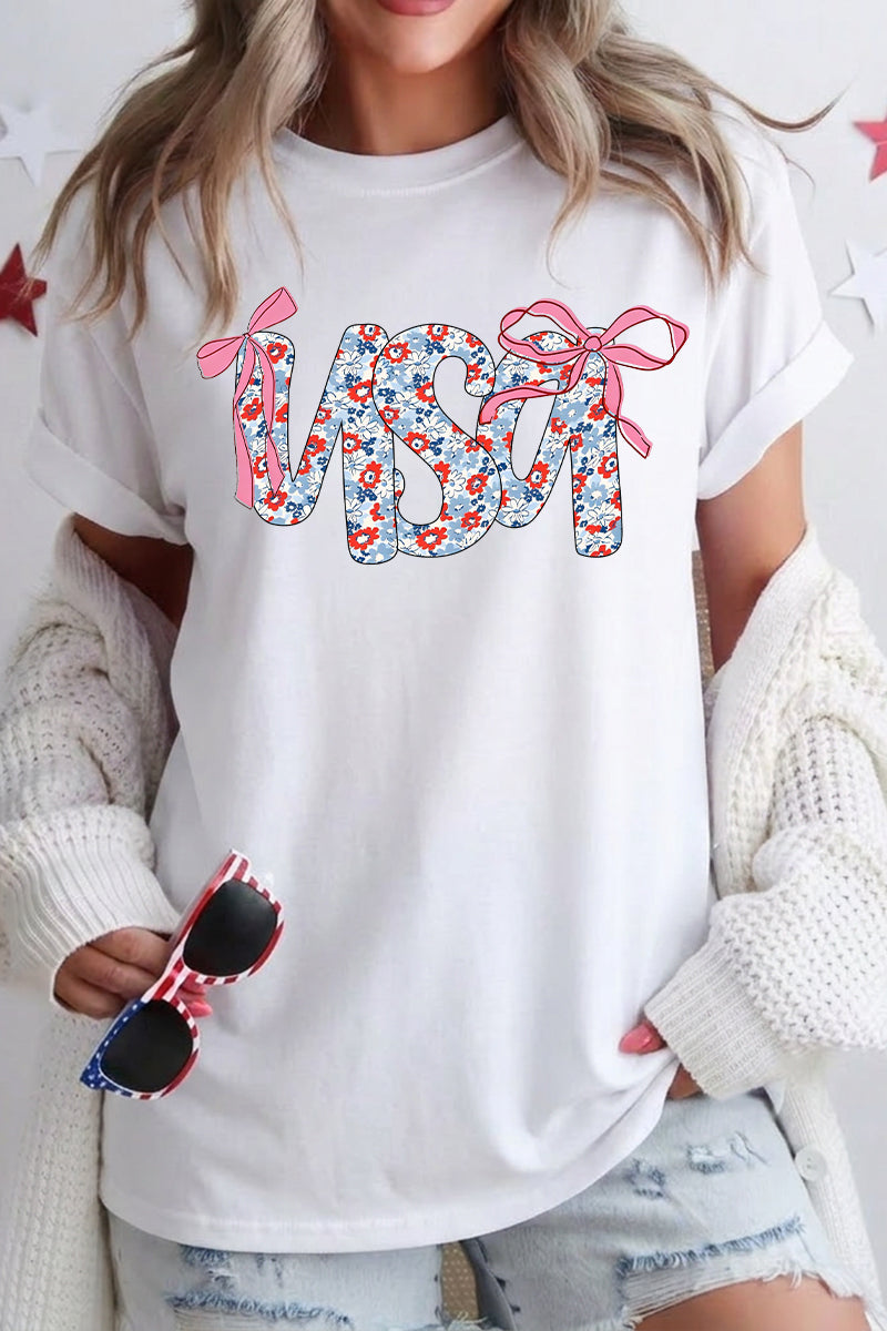 Women 4th of July USA Floral Bow Graphic T Shirt