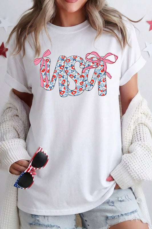 Women 4th of July USA Floral Bow Graphic T Shirt