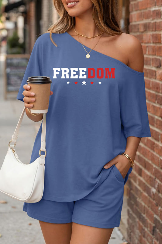 Independence Day Freedom Off Shoulder Short Sleeve Set